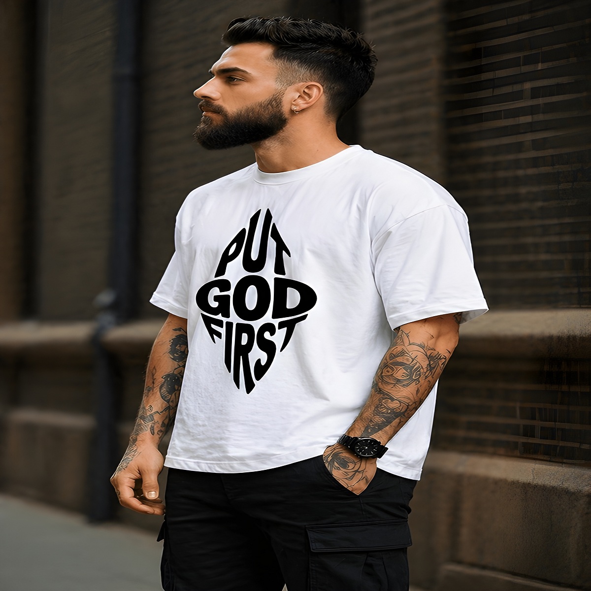 men's down solder oversized printed t shirt (white)