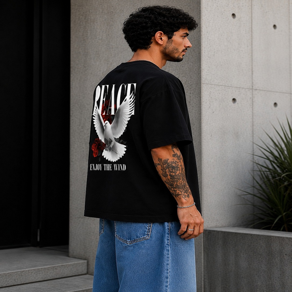 men's down solder oversized printed t shirt (black)