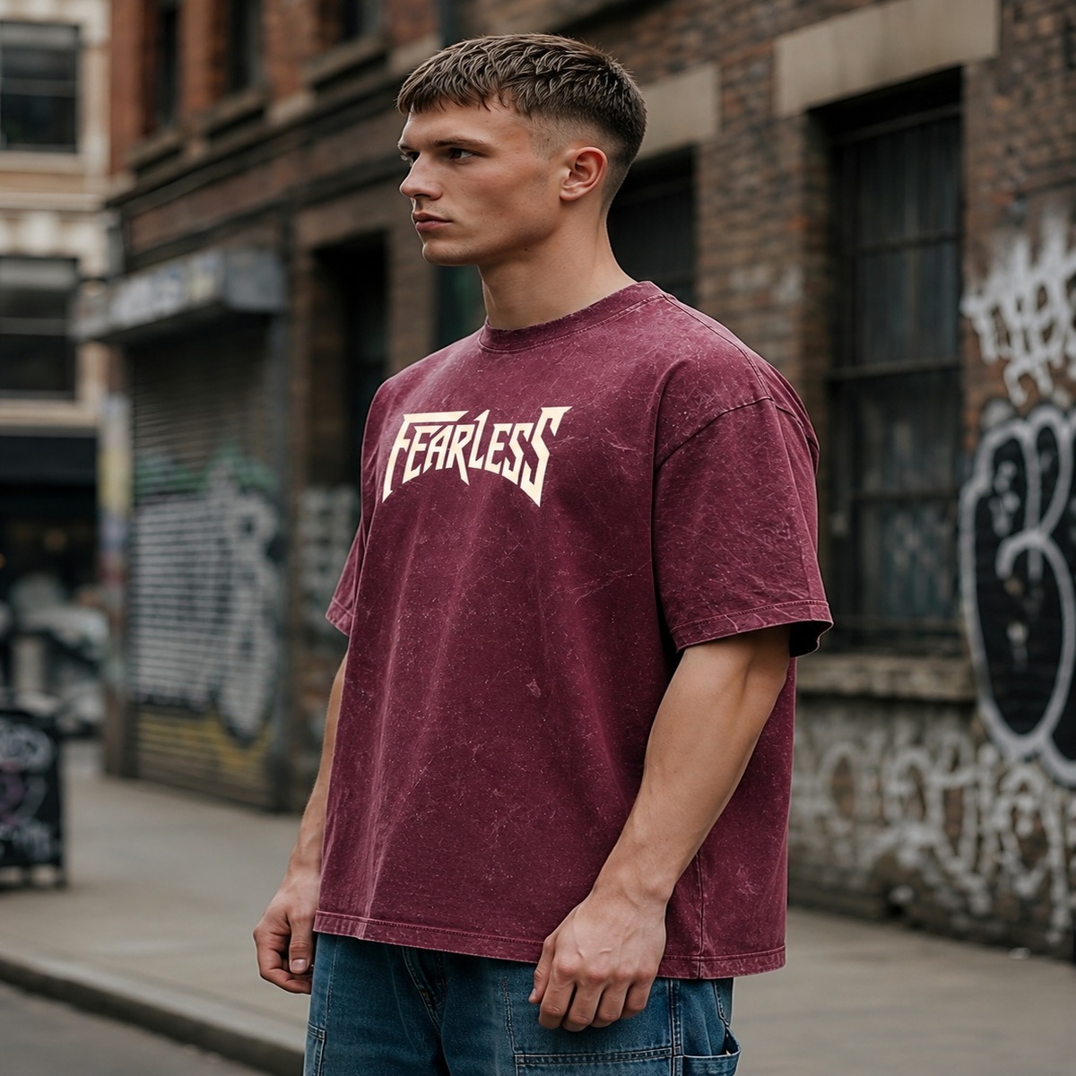 Fearless Acid Wash oversized Graphic Tee (Maroon)