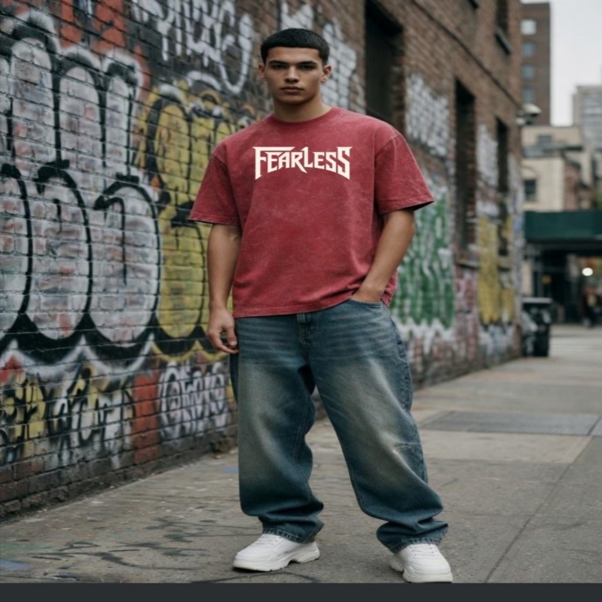Fearless Acid Wash oversized Graphic Tee (Red)