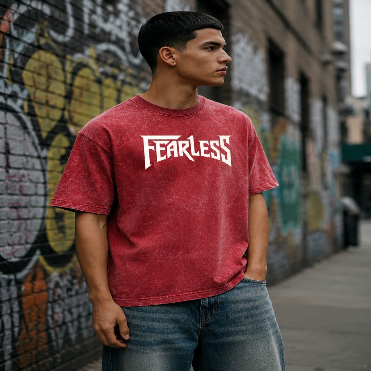 Fearless Acid Wash oversized Graphic Tee (Red)