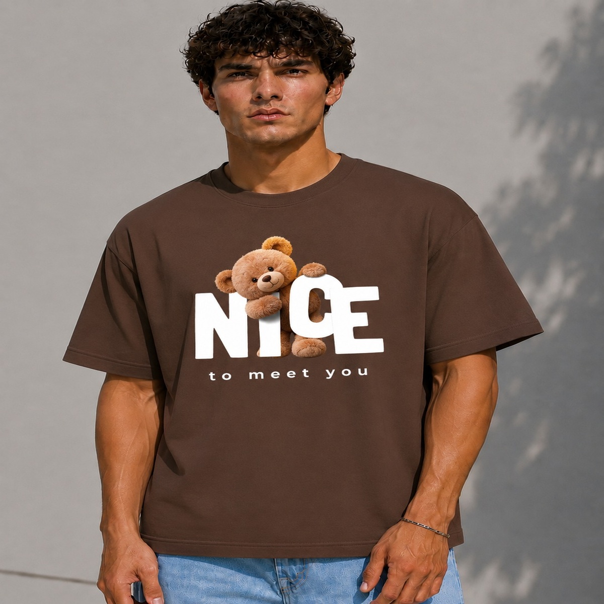 Nice To Meet You Boxy Fit T-Shirt (Brown)